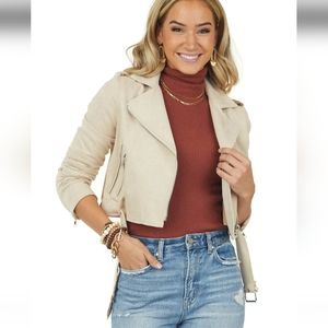 Women's Camel Faux Suede Zip-up Cropped Moto Jacket